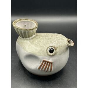 Vintage Ceramic Terracotta Sake Pot Fugu Puffer Fish Brown White 3.75”